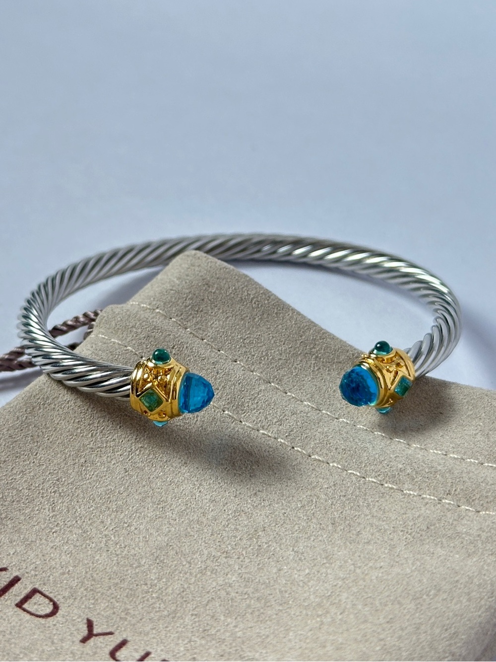 David Yurman Sterling Silver Bracelet with Blue Topaz and Gold Dip End